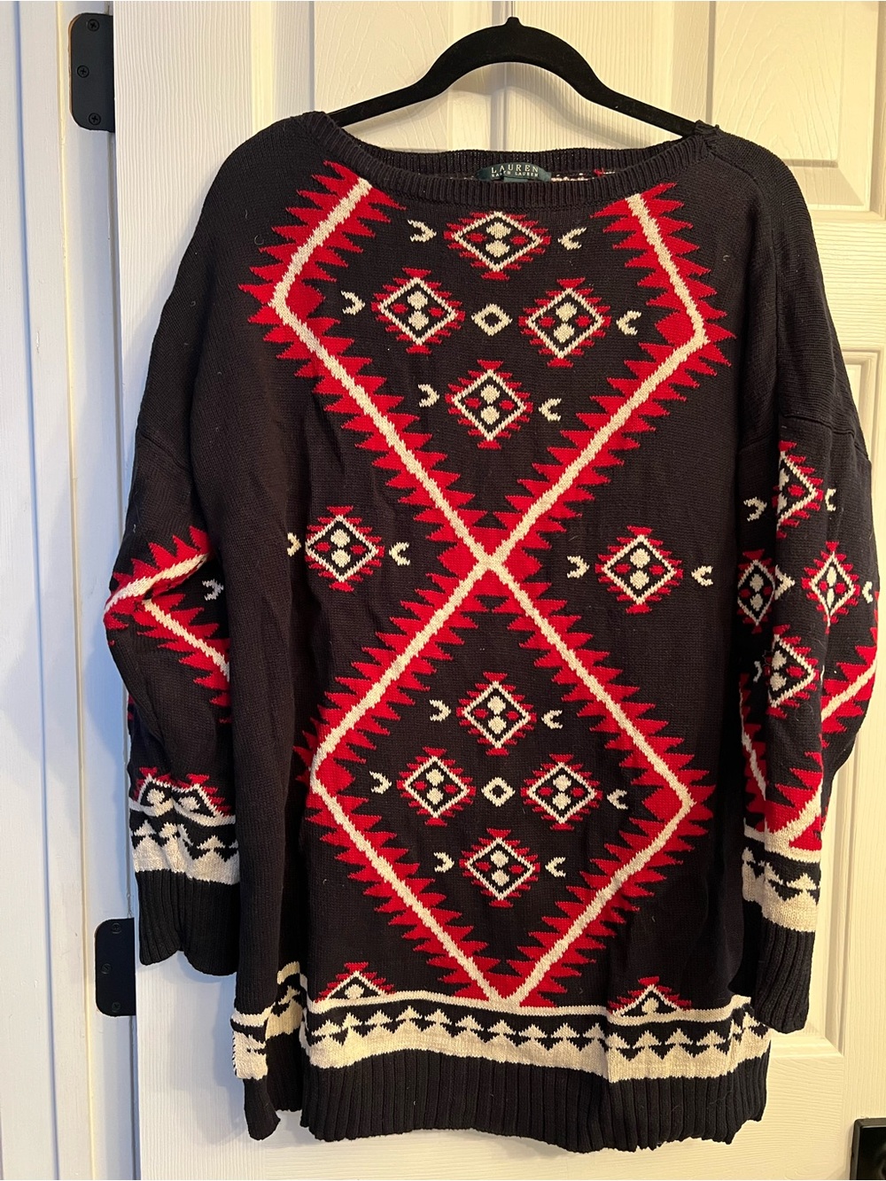 Lauren by Ralph Lauren Sweater with Red and White Aztec Motif